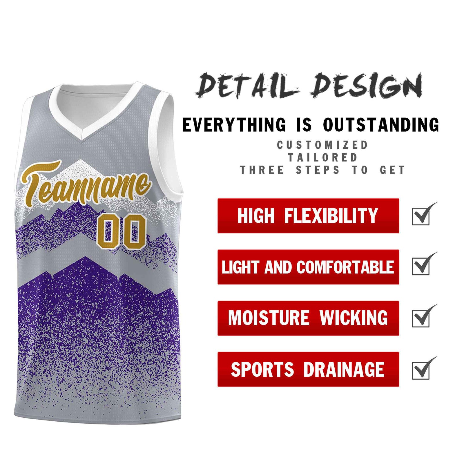 Custom Youth Basketball Jerseys Gray Purple Gradient Mountain Design Uniforms
