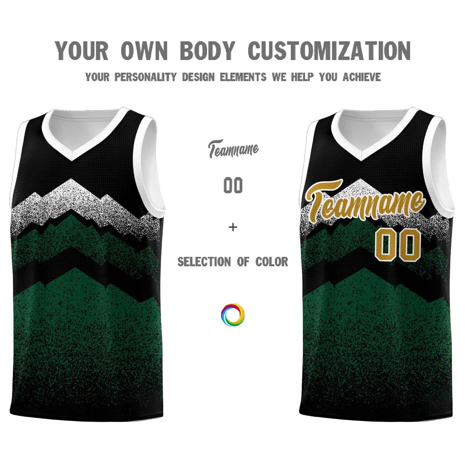 Personalized Youth Basketball Jerseys   Black Green Gradient Mountain Design Uniforms