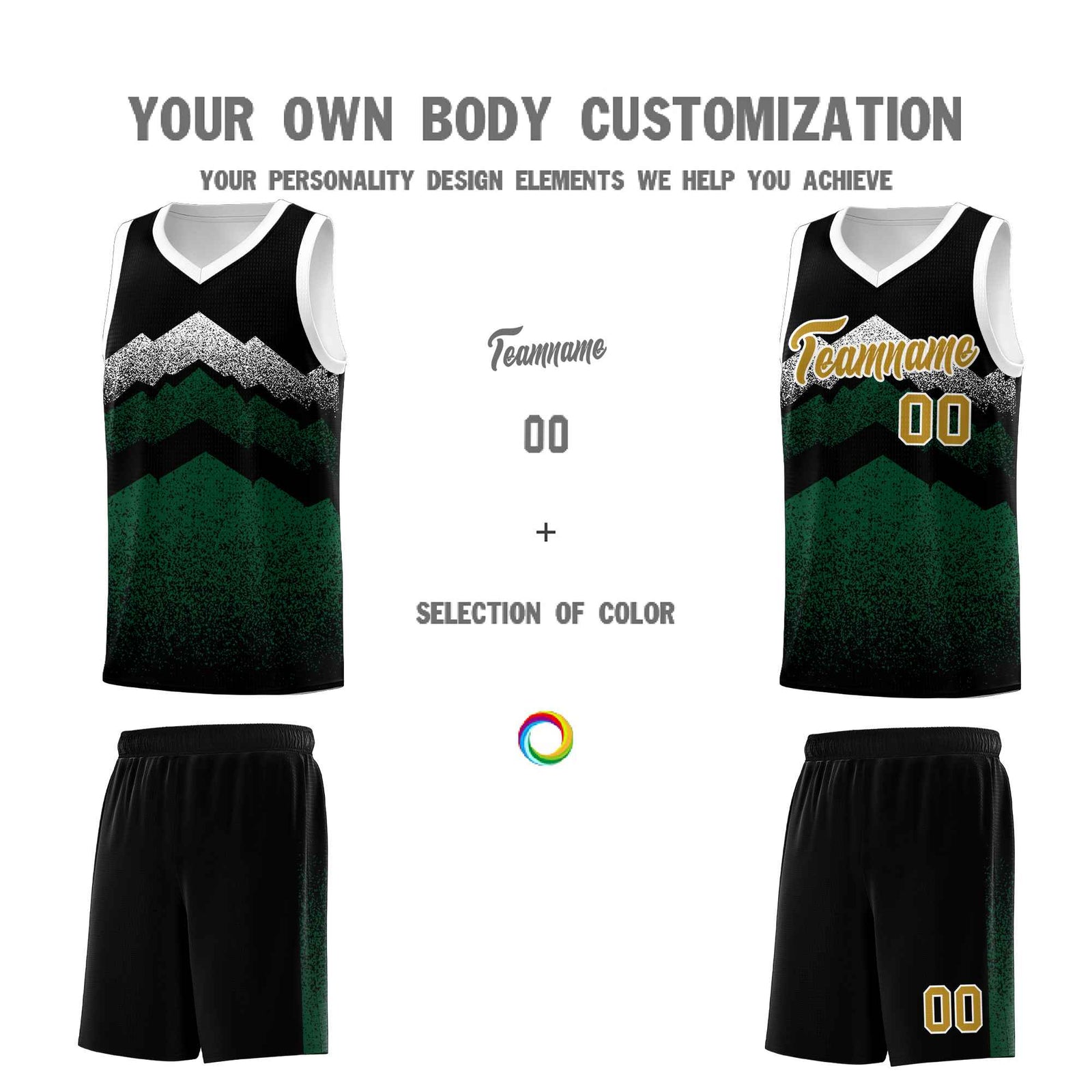 Personalized Youth Basketball Jerseys   Black Green Gradient Mountain Design Uniforms