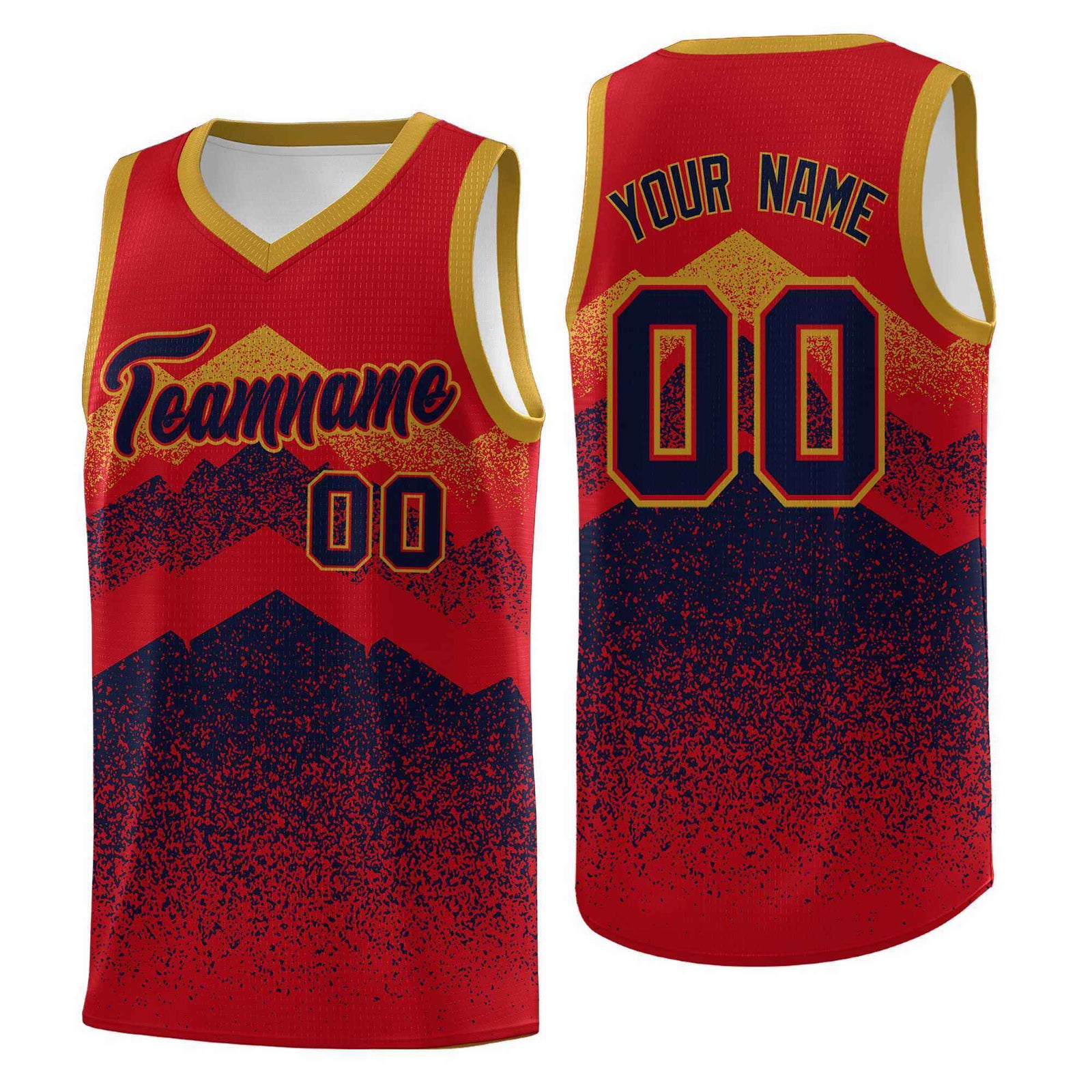 Personalized Youth Basketball Jerseys   Red Navy Gradient Mountain Design Uniforms