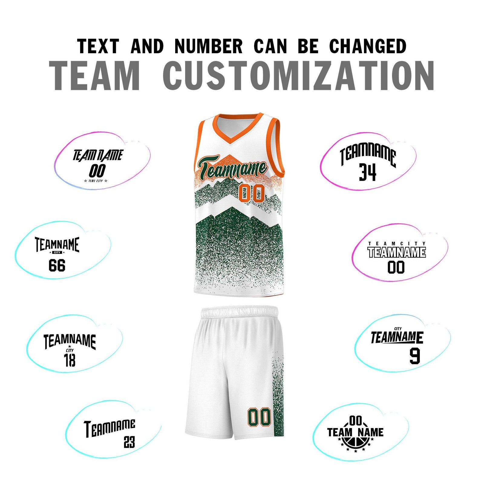 Custom Youth Basketball Jerseys White Green Gradient Mountain Design Uniforms