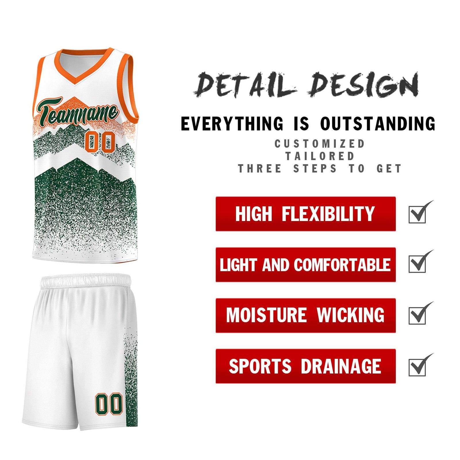 Custom Youth Basketball Jerseys White Green Gradient Mountain Design Uniforms