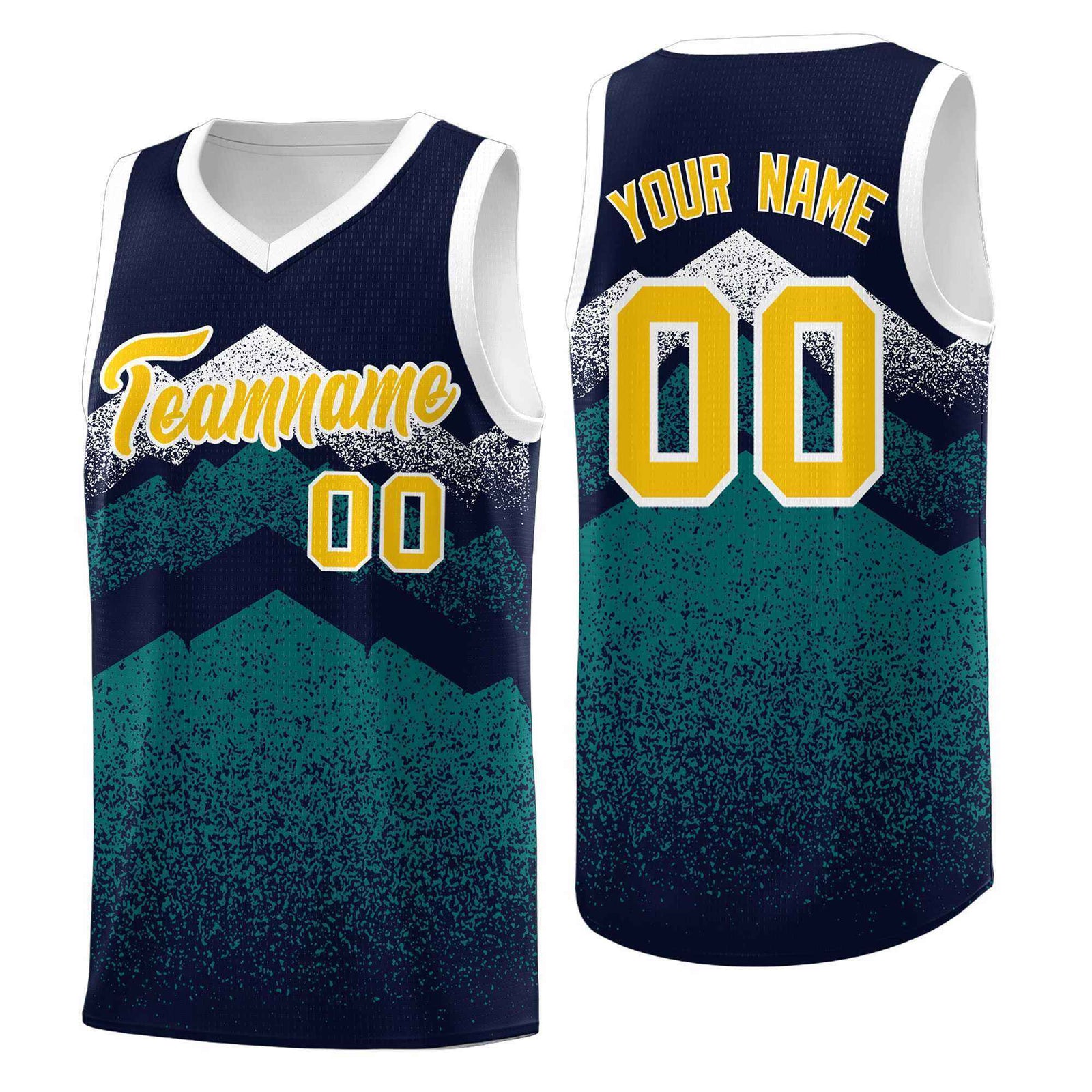Custom Youth Basketball Jerseys Navy Teal Gradient Mountain Design Uniforms