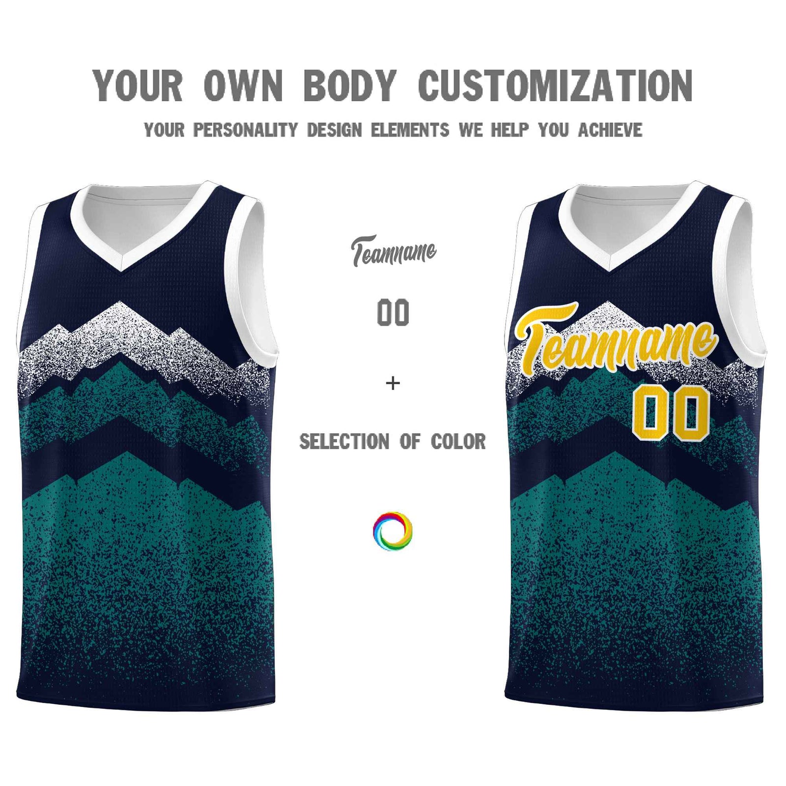 Custom Youth Basketball Jerseys Navy Teal Gradient Mountain Design Uniforms