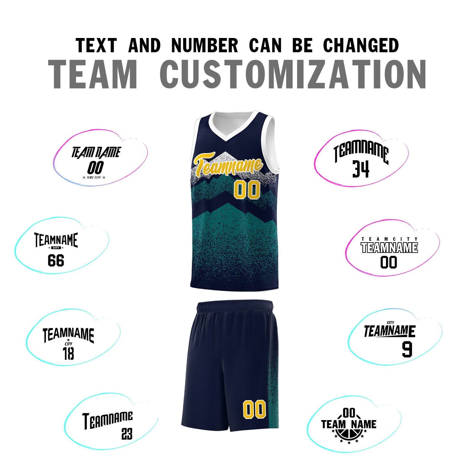 Custom Youth Basketball Jerseys Navy Teal Gradient Mountain Design Uniforms
