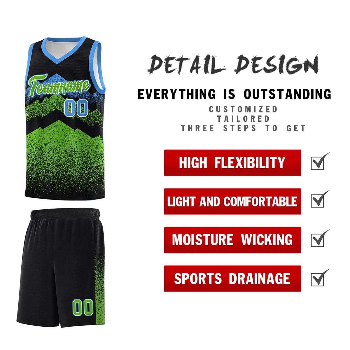 Personalized Youth Basketball Jerseys   Black Green Gradient Mountain Design Uniforms