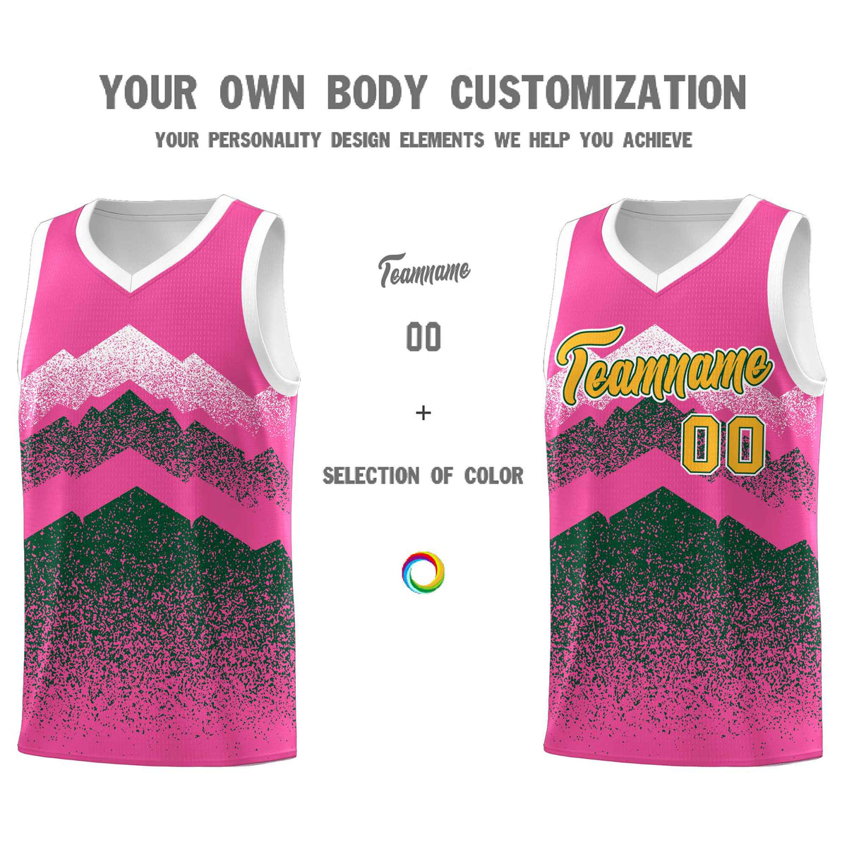 Personalized Youth Basketball Jerseys   Pink Green Gradient Mountain Design Uniforms
