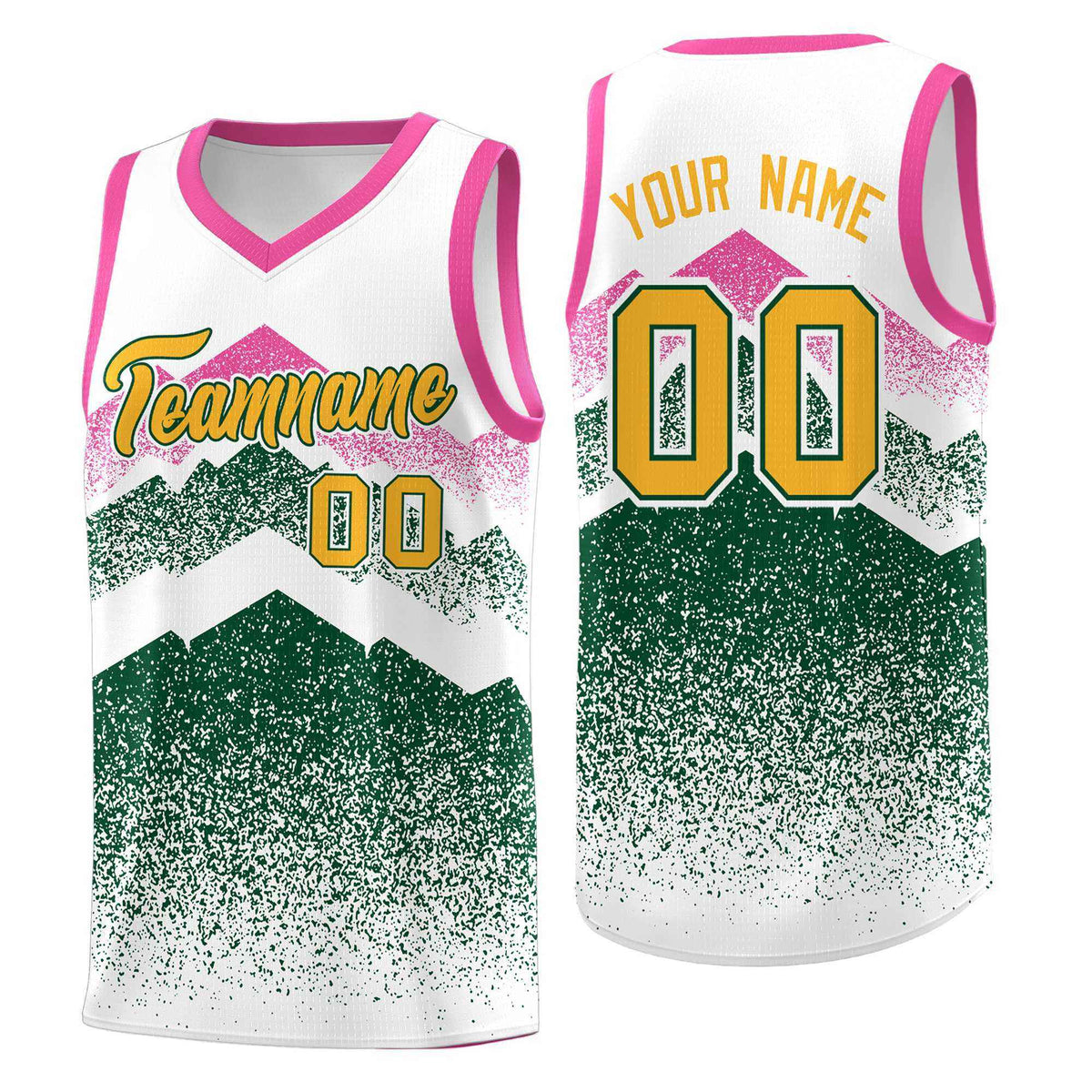 Custom Youth Basketball Jerseys White Green Gradient Mountain Design Uniforms