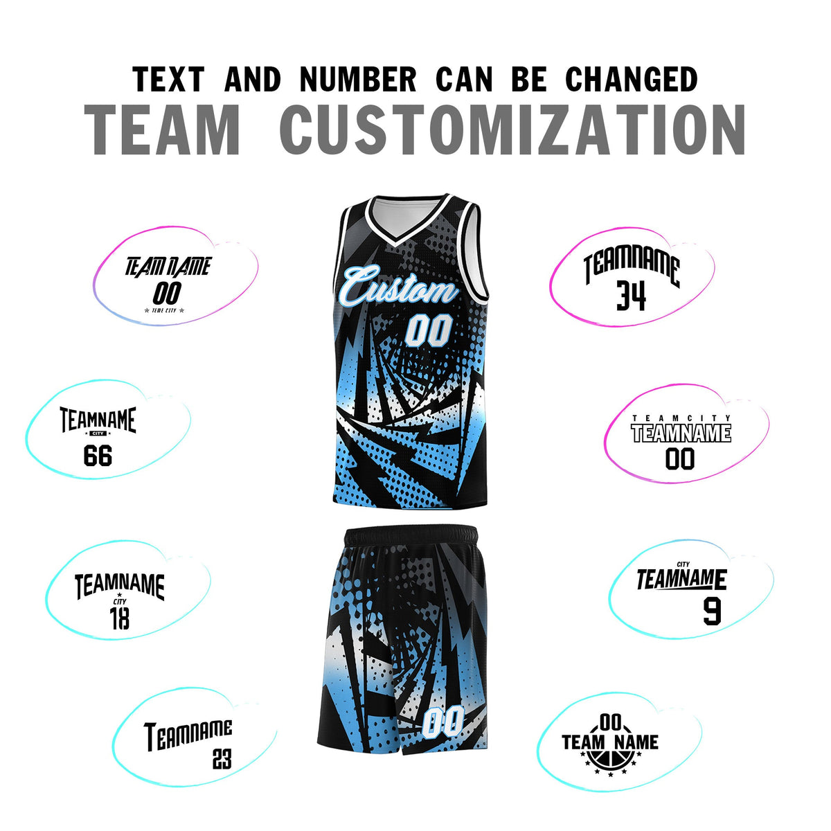 Custom Youth Basketball Jerseys Black Powder Blue Lightning Design Halftone Personalized Uniforms