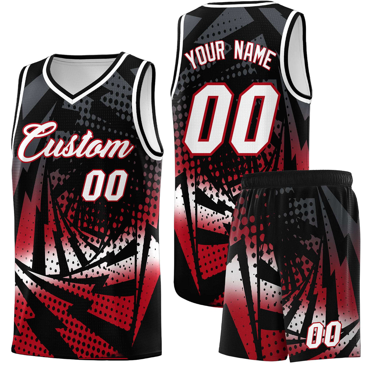 Custom Youth Basketball Jerseys Black Red Lightning Halftone Personalized Team Uniforms