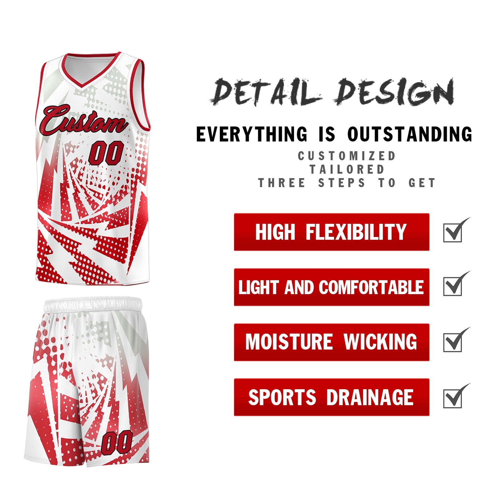 Custom Youth Basketball Jerseys White Red Lightning Halftone Personalized Team Uniforms