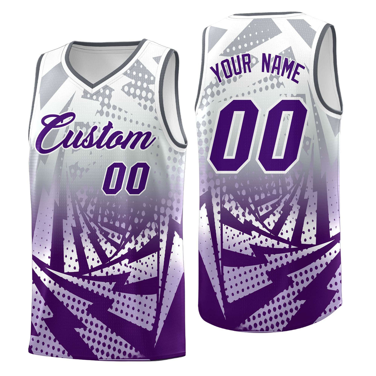 Custom Youth Basketball Jerseys Silver Gray Purple Lightning Design Halftone Personalized Uniforms
