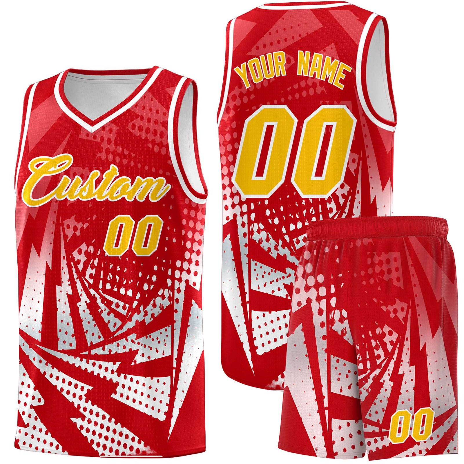 Custom Youth Basketball Jerseys Red White Lightning Halftone Personalized Team Uniforms