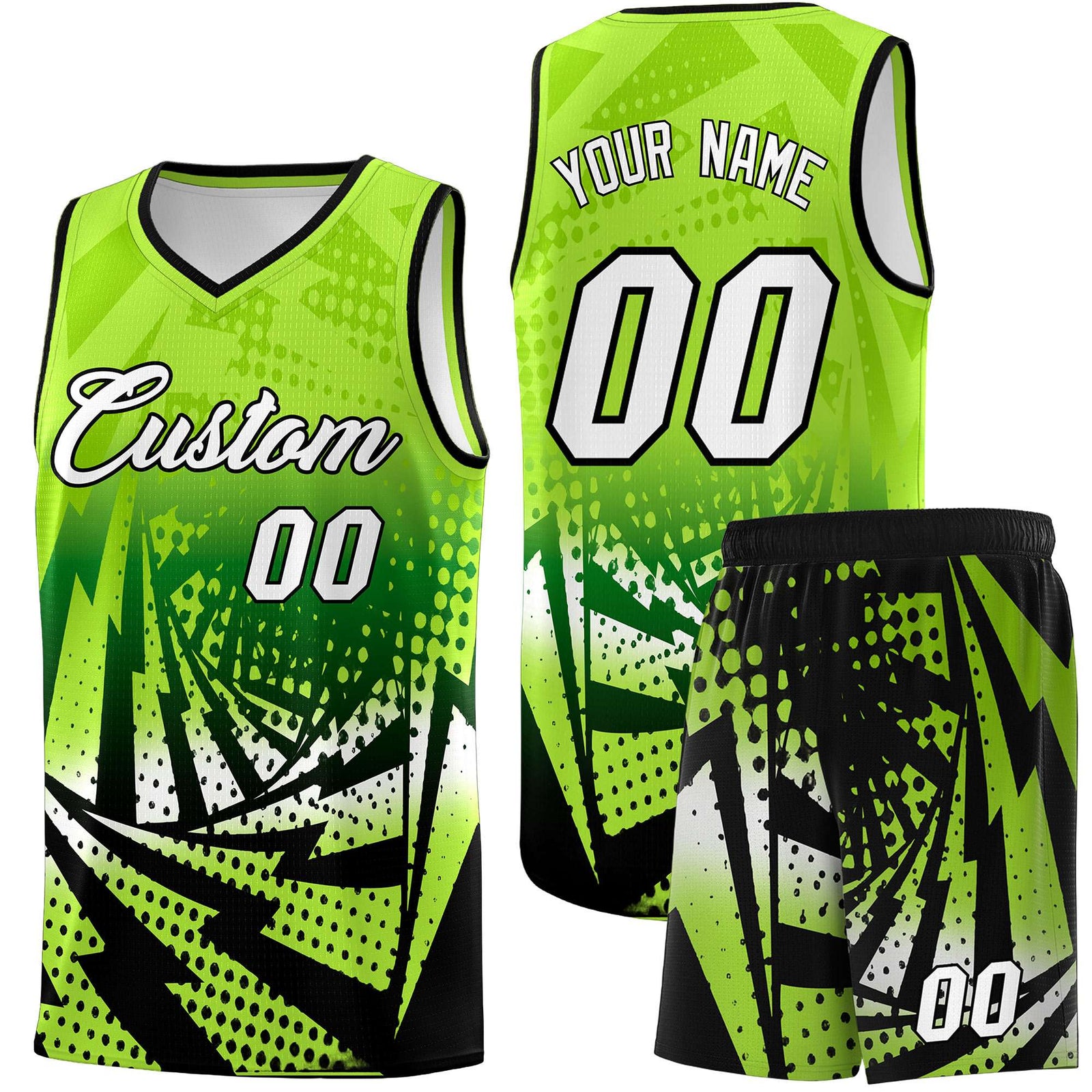 Custom Youth Basketball Jerseys Neon Green Black Lightning Halftone Personalized Team Uniforms