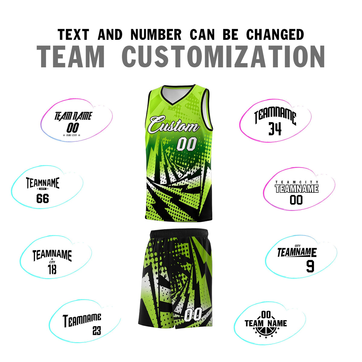 Custom Youth Basketball Jerseys Neon Green Black Lightning Halftone Personalized Team Uniforms
