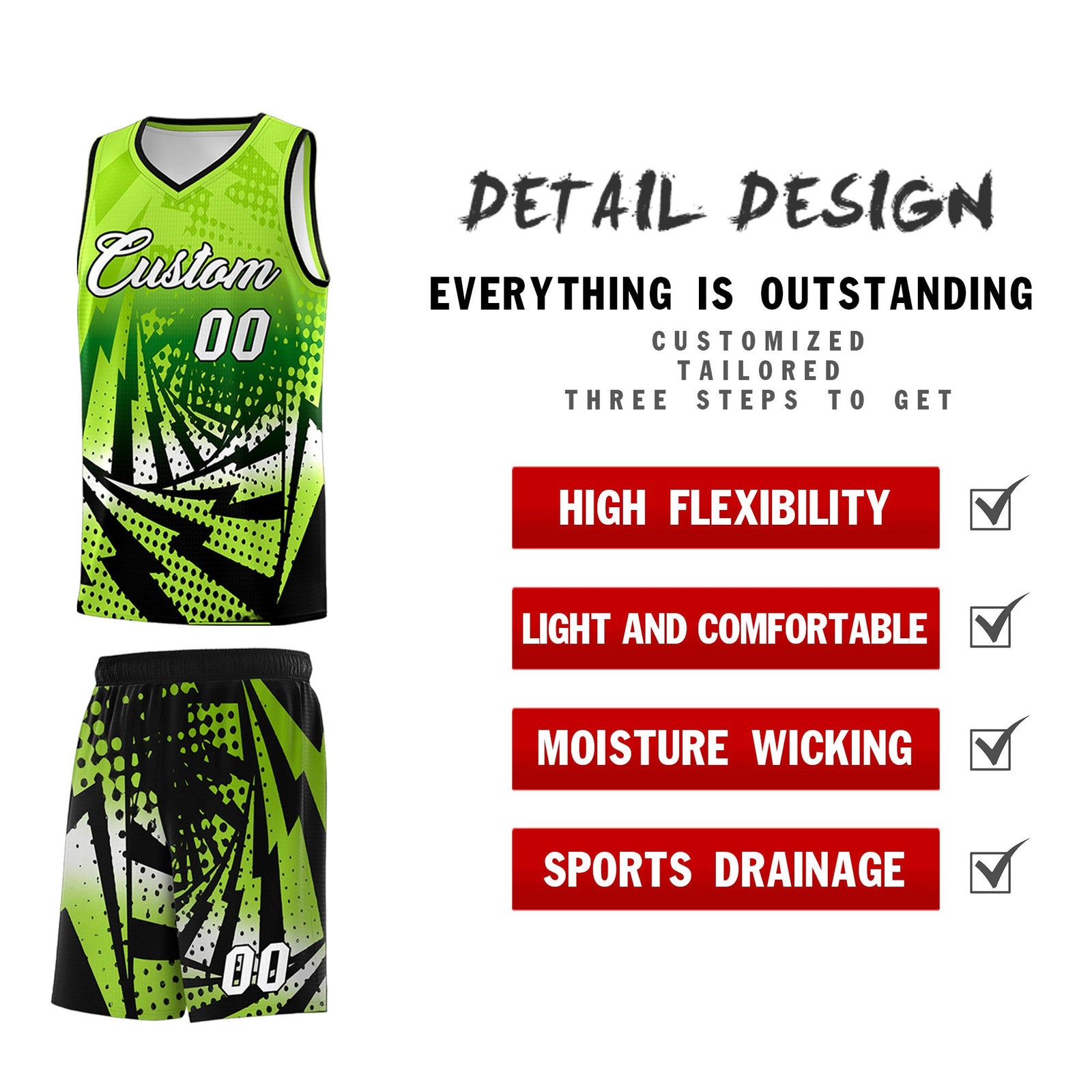 Custom Youth Basketball Jerseys Neon Green Black Lightning Halftone Personalized Team Uniforms