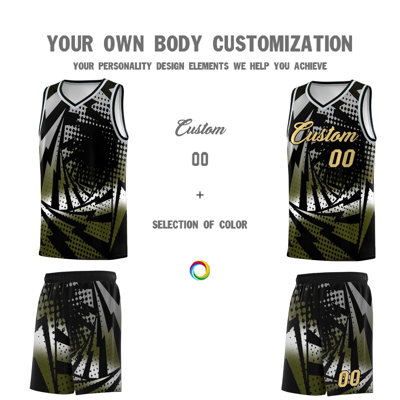 Custom Youth Basketball Jerseys Silver Gray Olive Lightning Design Halftone Personalized Uniforms