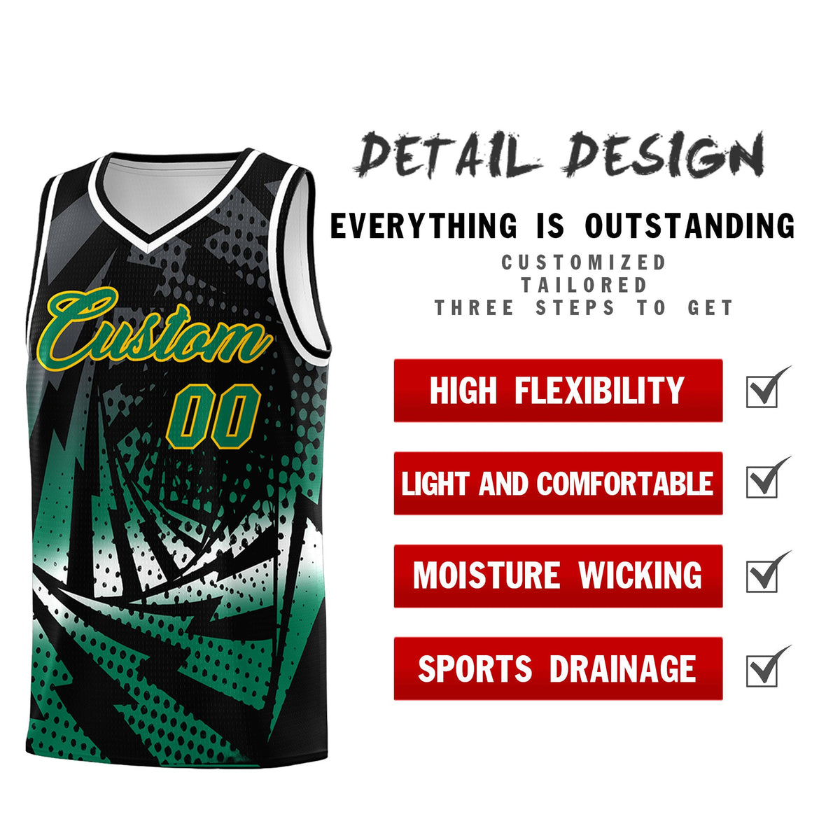 Custom Youth Basketball Jerseys Black Kelly Green Lightning Design Halftone Personalized Uniforms