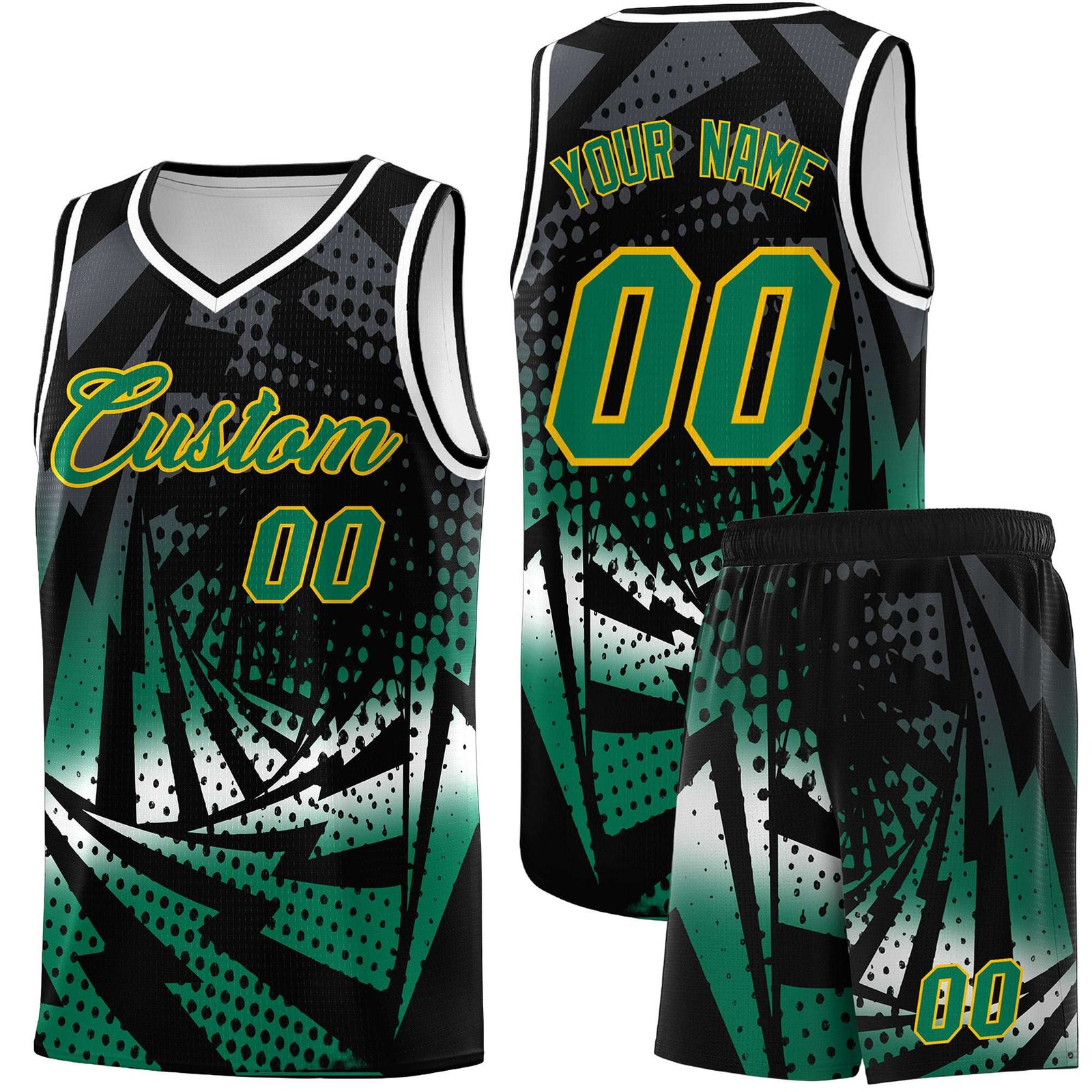 Custom Youth Basketball Jerseys Black Kelly Green Lightning Design Halftone Personalized Uniforms