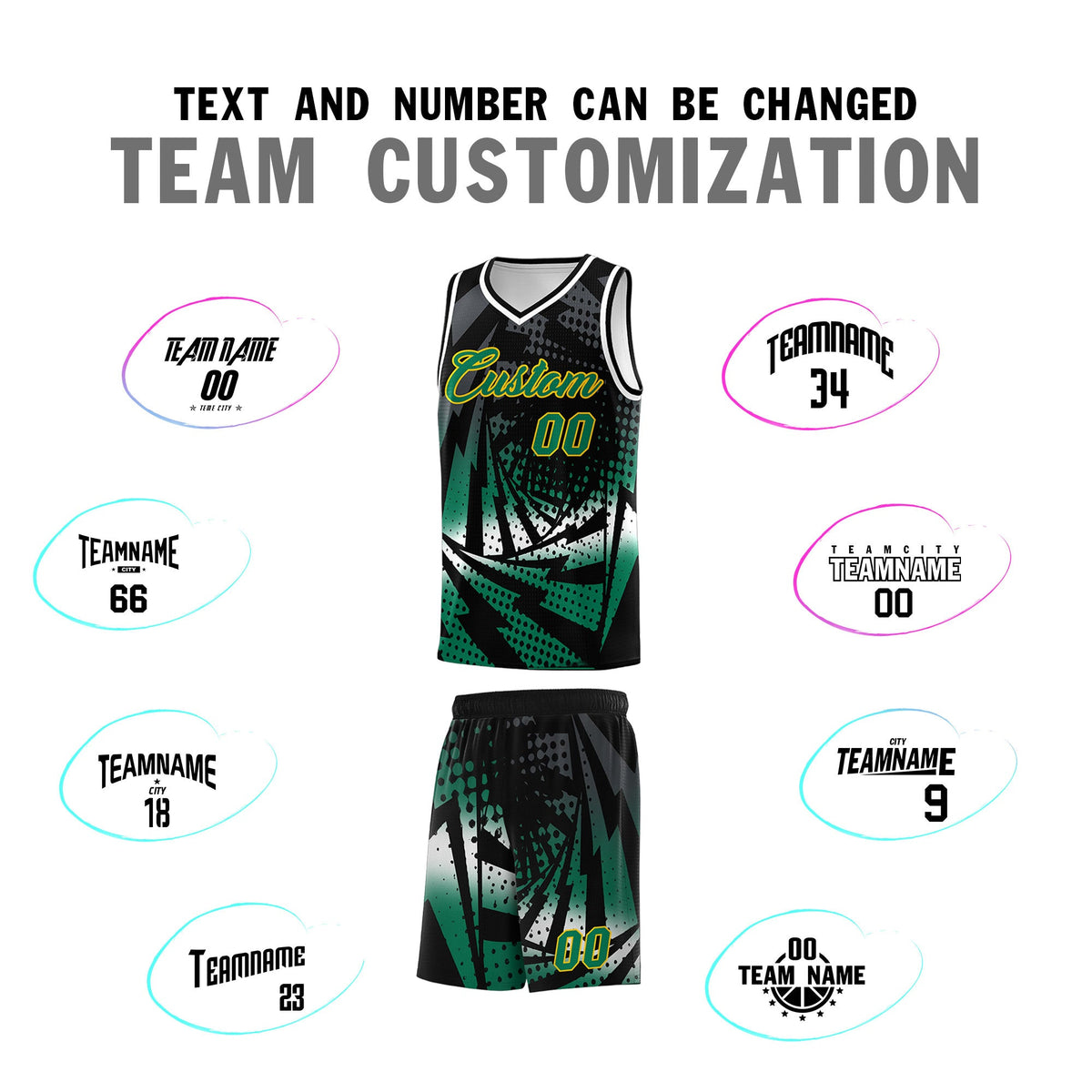Custom Youth Basketball Jerseys Black Kelly Green Lightning Design Halftone Personalized Uniforms