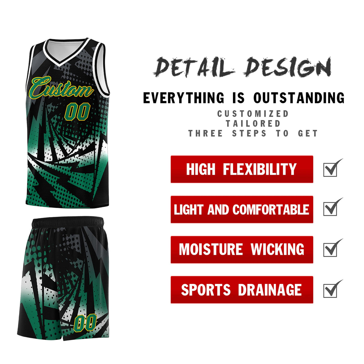 Custom Youth Basketball Jerseys Black Kelly Green Lightning Design Halftone Personalized Uniforms