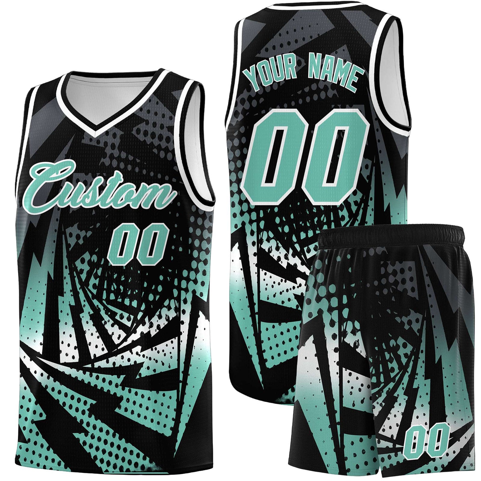 Custom Youth Basketball Jerseys Black Bright Green Lightning Halftone Personalized Team Uniforms