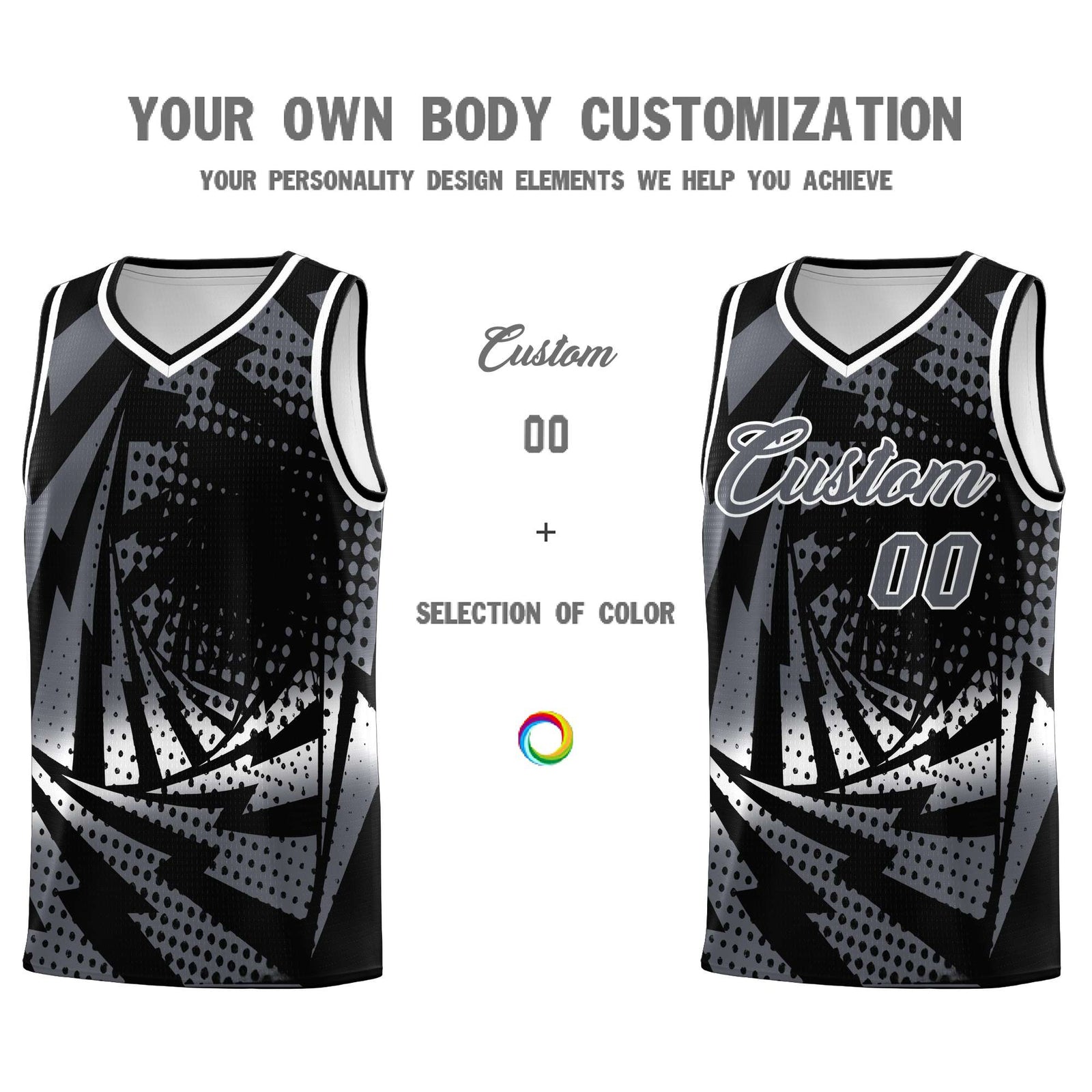 Custom Youth Basketball Jerseys Black Dark Gray Lightning Design Halftone Personalized Uniforms
