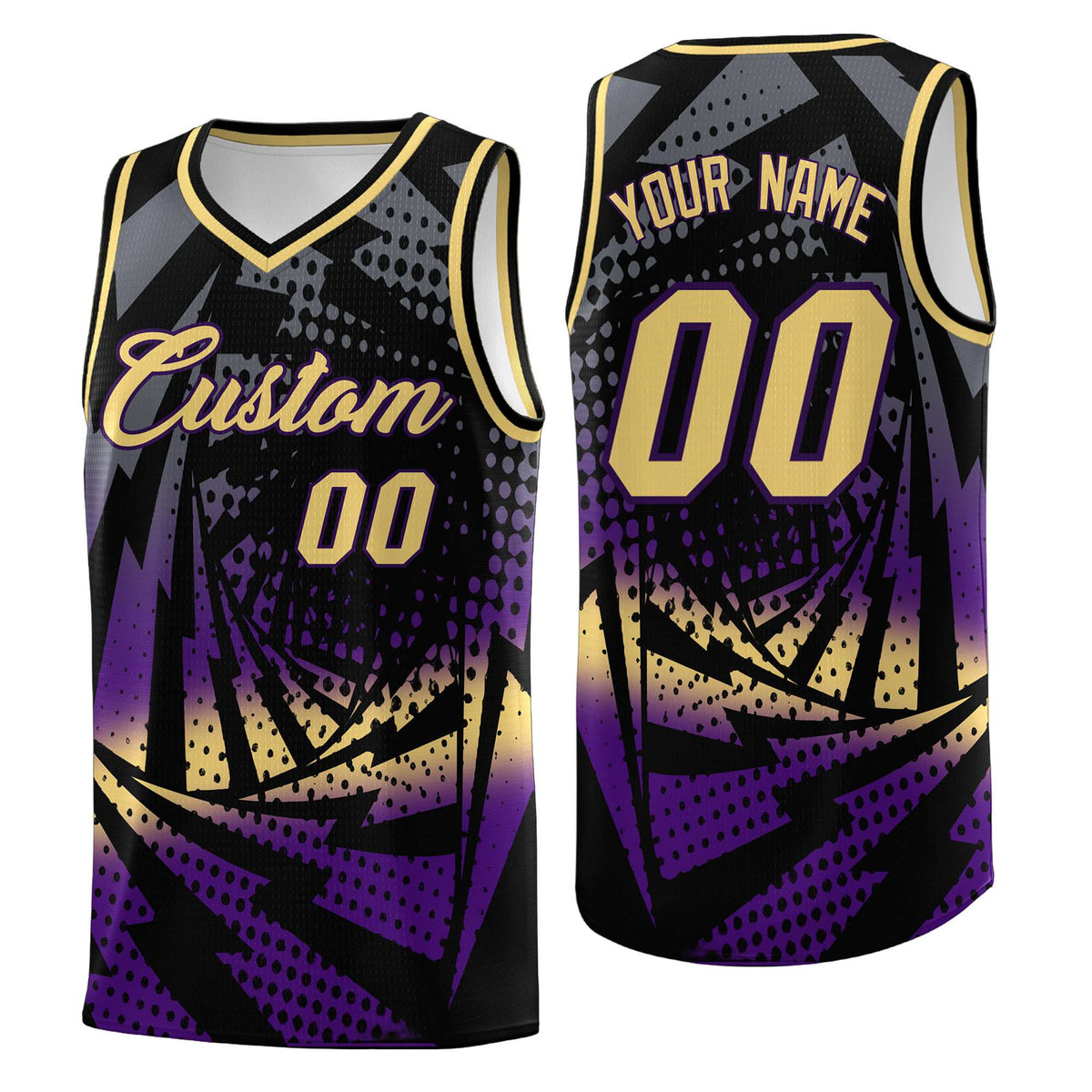 Custom Youth Basketball Jerseys Black Purple Lightning Design Halftone Personalized Uniforms