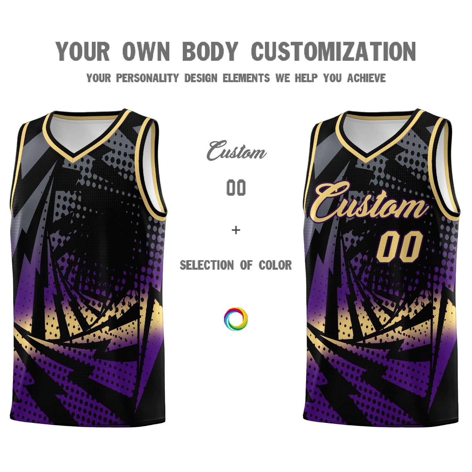 Custom Youth Basketball Jerseys Black Purple Lightning Design Halftone Personalized Uniforms