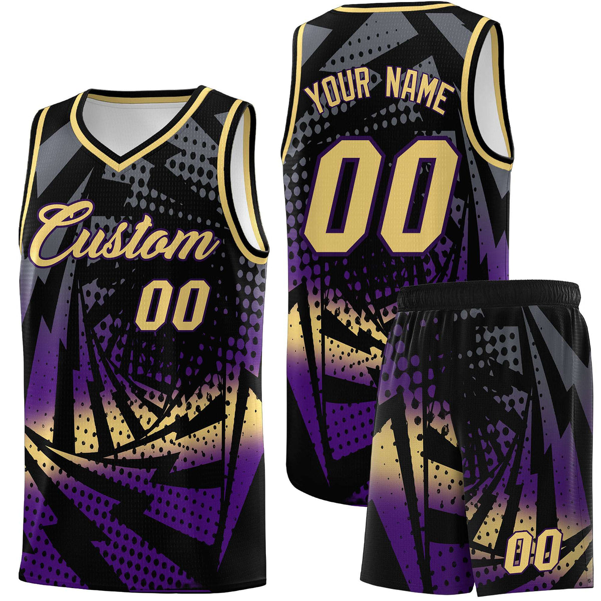 Custom Youth Basketball Jerseys Black Purple Lightning Design Halftone Personalized Uniforms