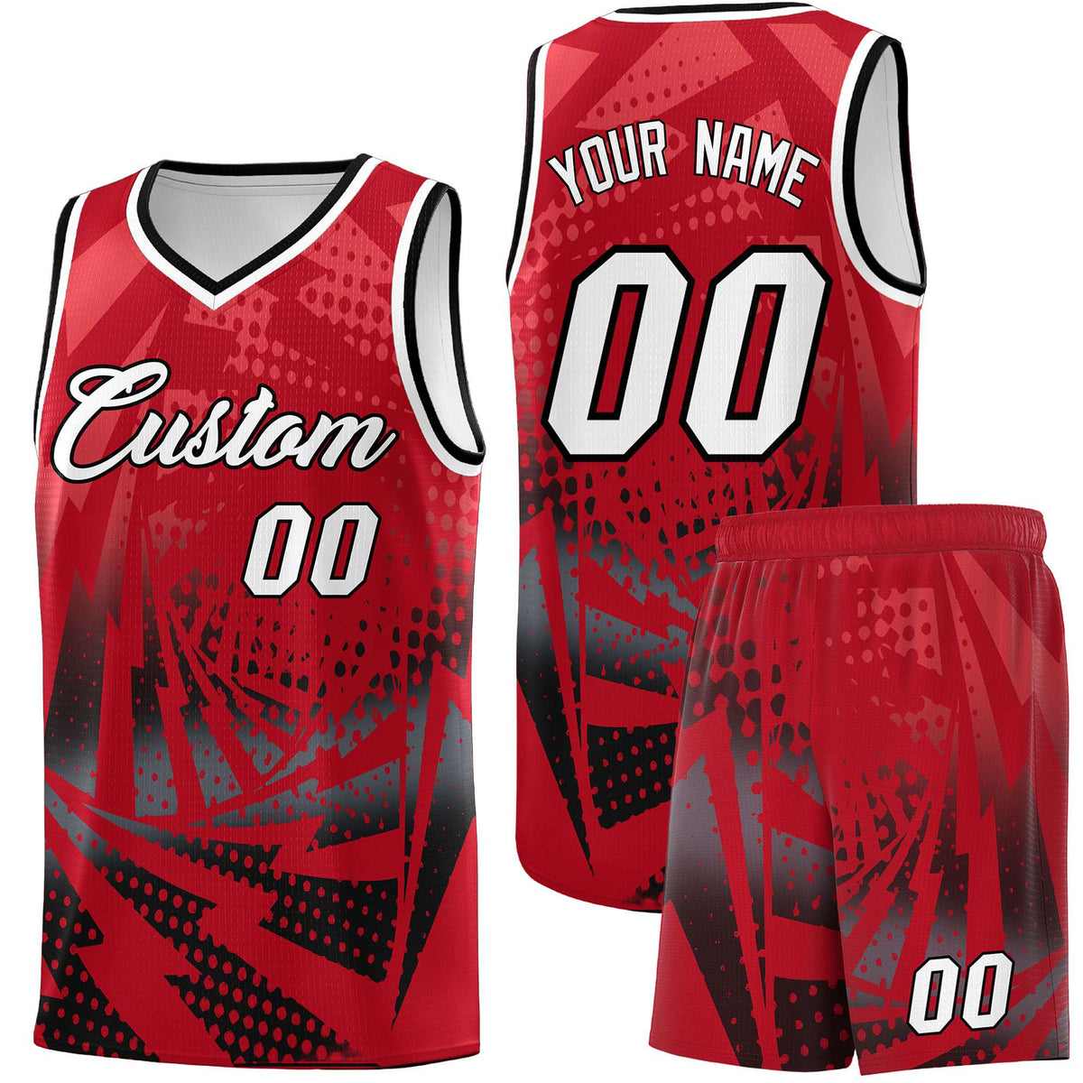 Custom Youth Basketball Jerseys Red Black Lightning Halftone Personalized Team Uniforms