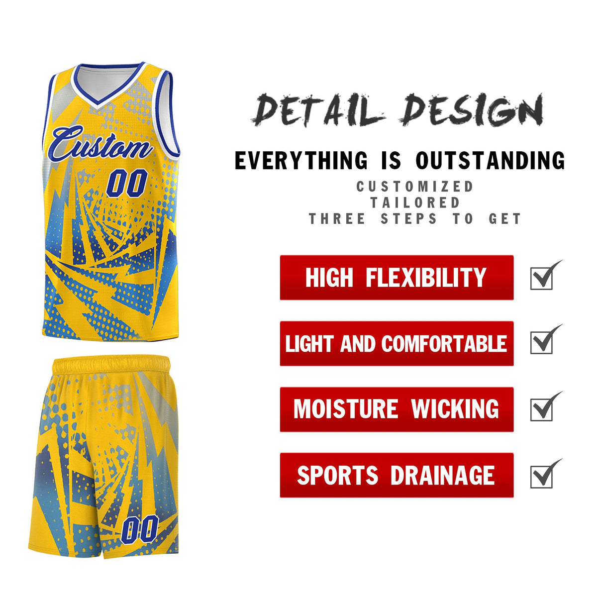 Custom Youth Basketball Jerseys Gold Powder Blue Lightning Halftone Personalized Team Uniforms