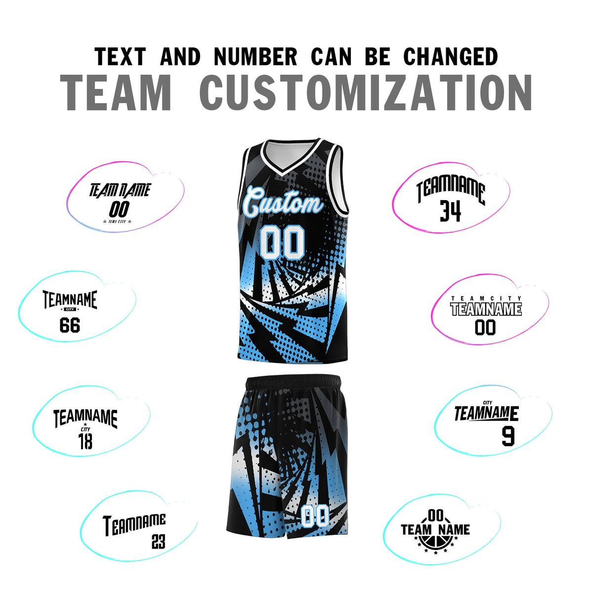 Custom Youth Basketball Jerseys Black Powder Blue Lightning Design Halftone Personalized Uniforms