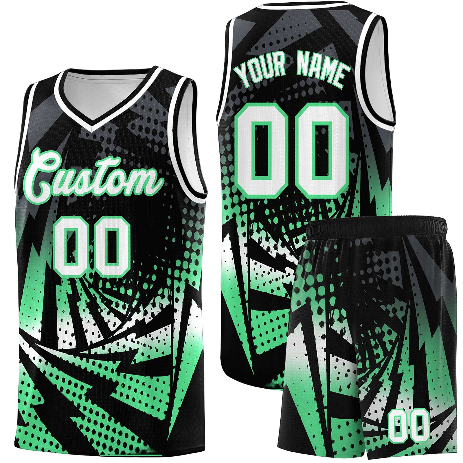 Custom Youth Basketball Jerseys Black Green Lightning Design Halftone Personalized Uniforms
