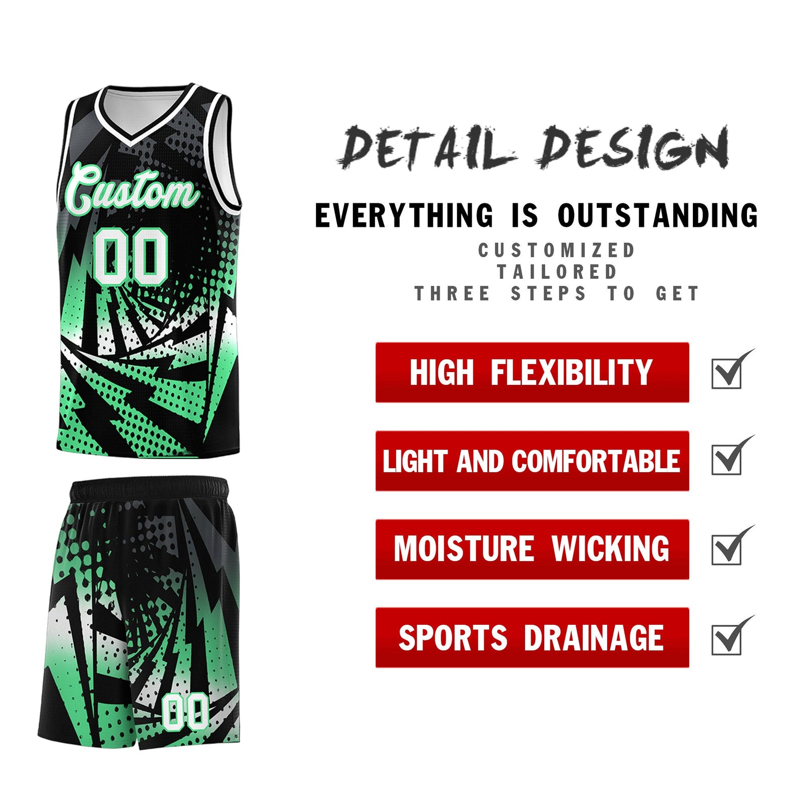 Custom Youth Basketball Jerseys Black Green Lightning Design Halftone Personalized Uniforms