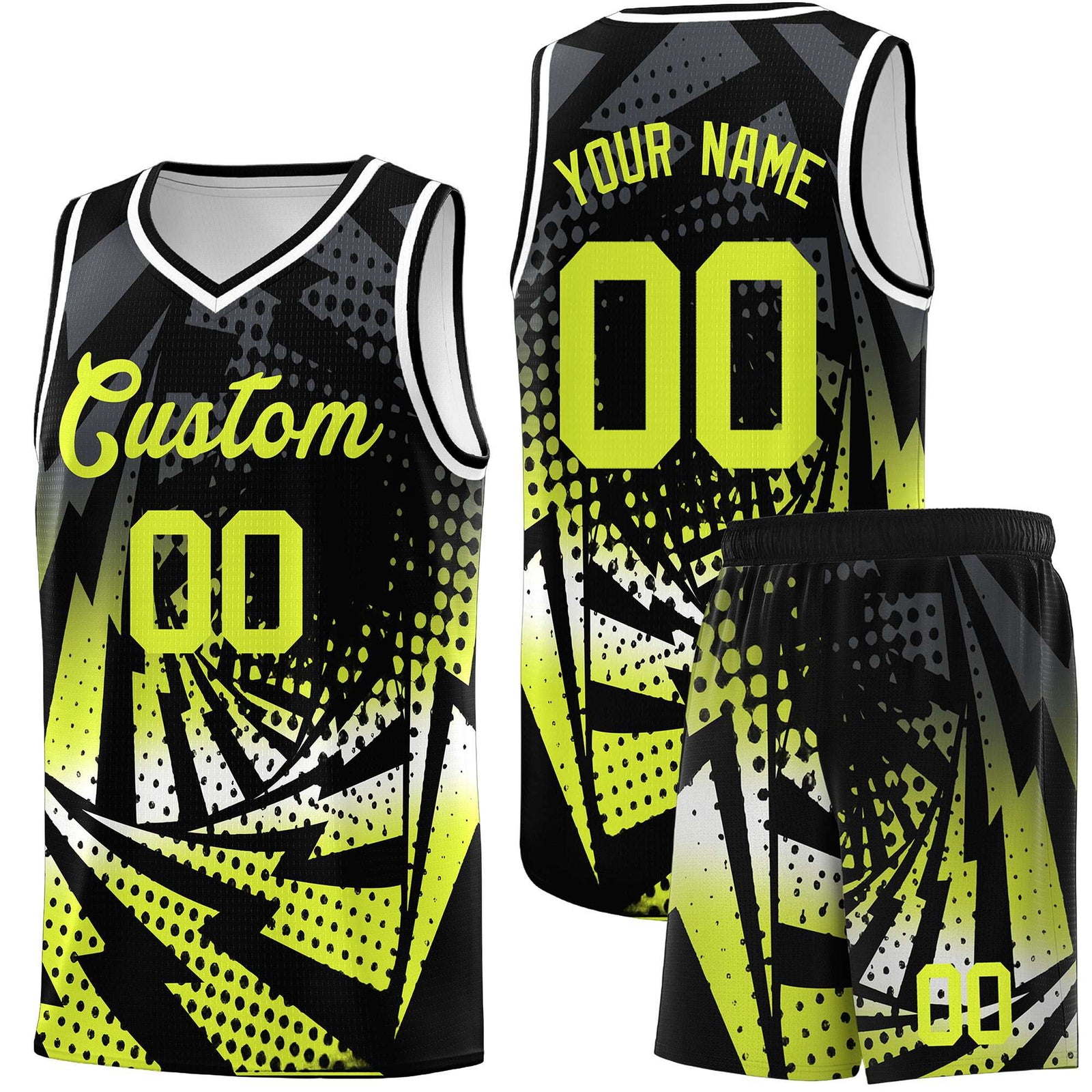 Custom Youth Basketball Jerseys Black Fluorescent Green Lightning Halftone Personalized Team Uniforms