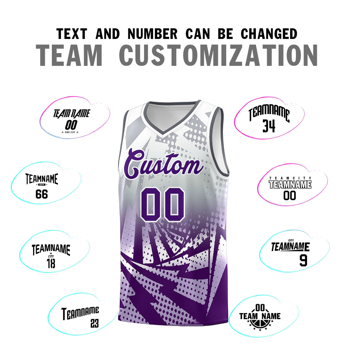 Custom Youth Basketball Jerseys Silver Gray Purple Lightning Design Halftone Personalized Uniforms
