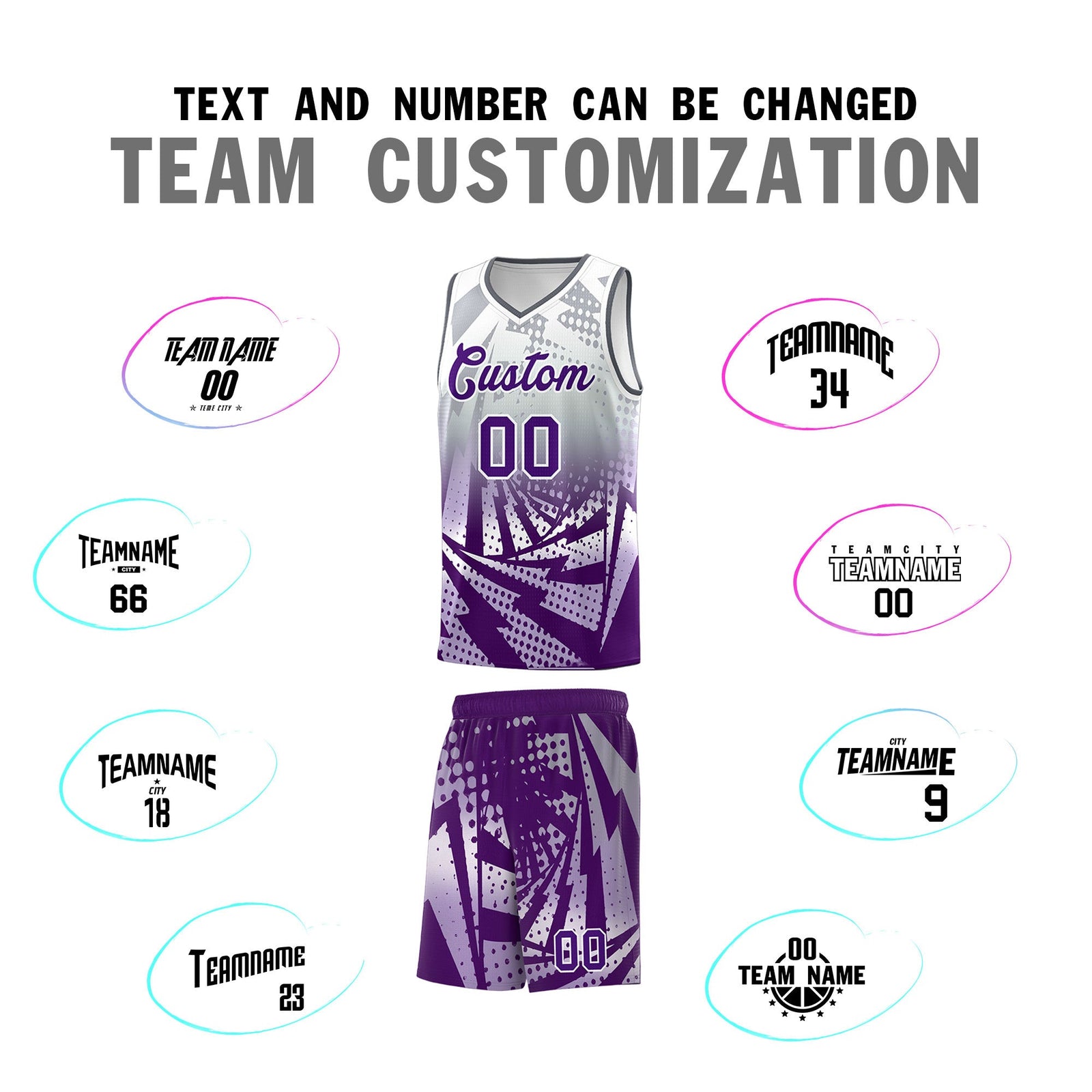 Custom Youth Basketball Jerseys Silver Gray Purple Lightning Design Halftone Personalized Uniforms