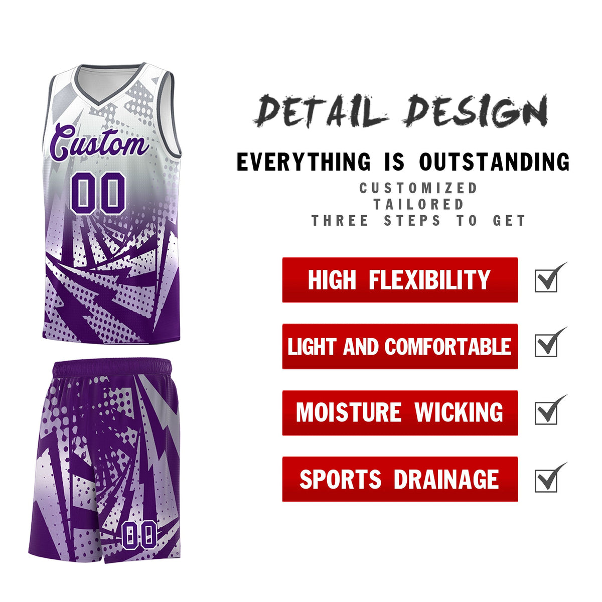 Custom Youth Basketball Jerseys Silver Gray Purple Lightning Design Halftone Personalized Uniforms
