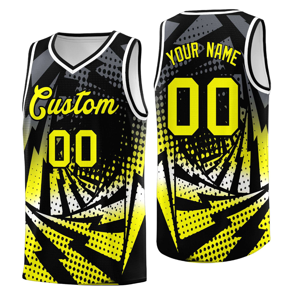 Custom Youth Basketball Jerseys Black Fluorescent Yellow Lightning Design Halftone Personalized Uniforms
