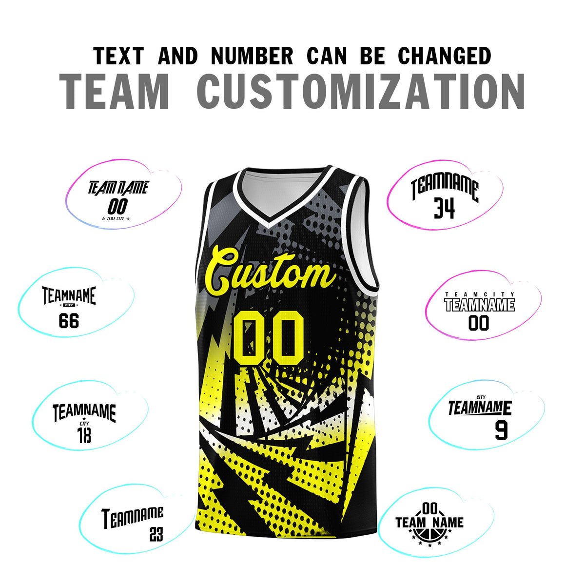 Custom Youth Basketball Jerseys Black Fluorescent Yellow Lightning Design Halftone Personalized Uniforms