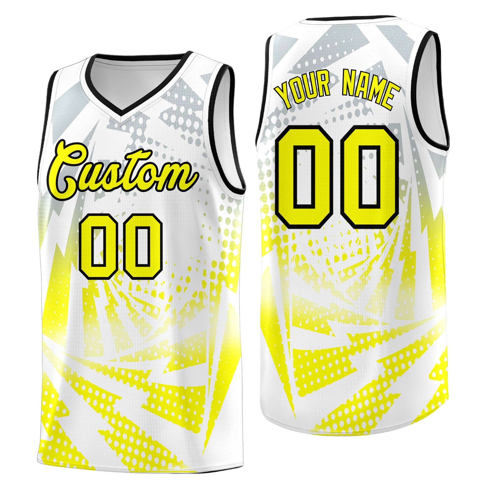 Custom Youth Basketball Jerseys White Fluorescent Yellow Lightning Halftone Personalized Team Uniforms
