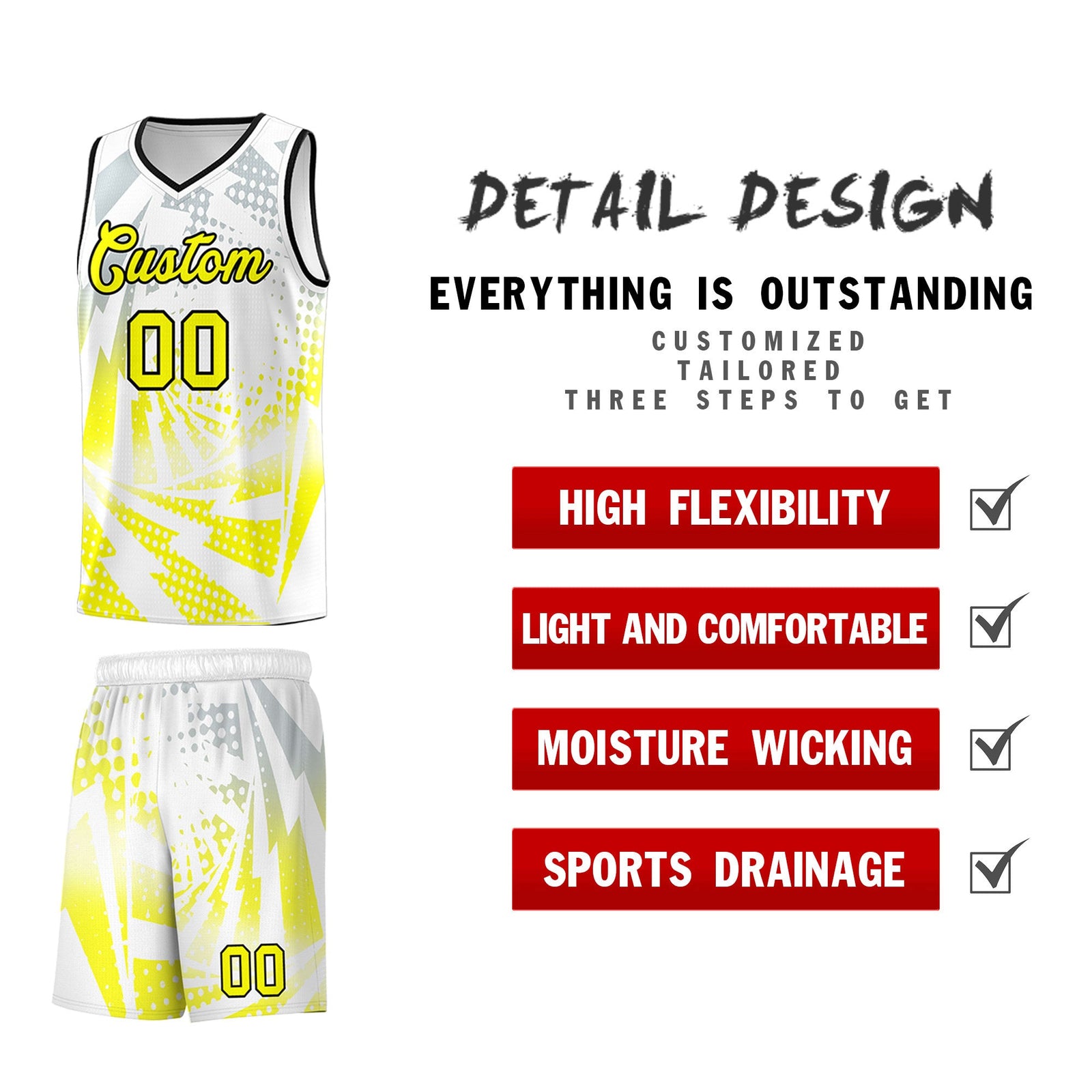 Custom Youth Basketball Jerseys White Fluorescent Yellow Lightning Halftone Personalized Team Uniforms