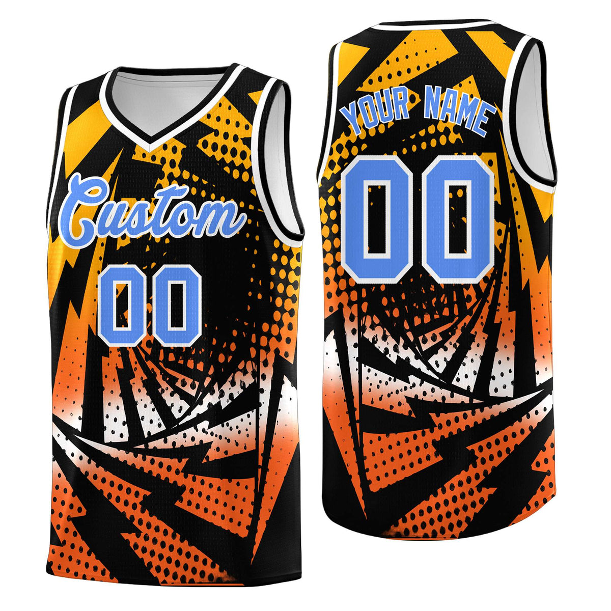 Custom Youth Basketball Jerseys Black Orange Lightning Design Halftone Personalized Uniforms