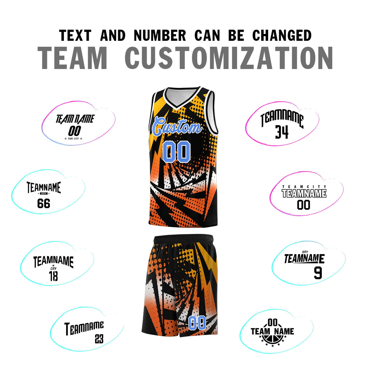 Custom Youth Basketball Jerseys Black Orange Lightning Design Halftone Personalized Uniforms