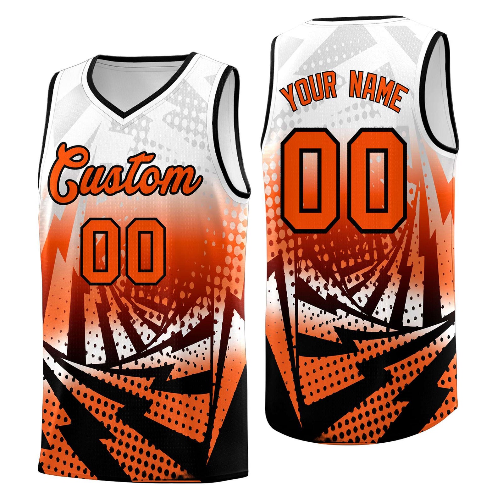 Custom Youth Basketball Jerseys White Orange Lightning Halftone Personalized Team Uniforms