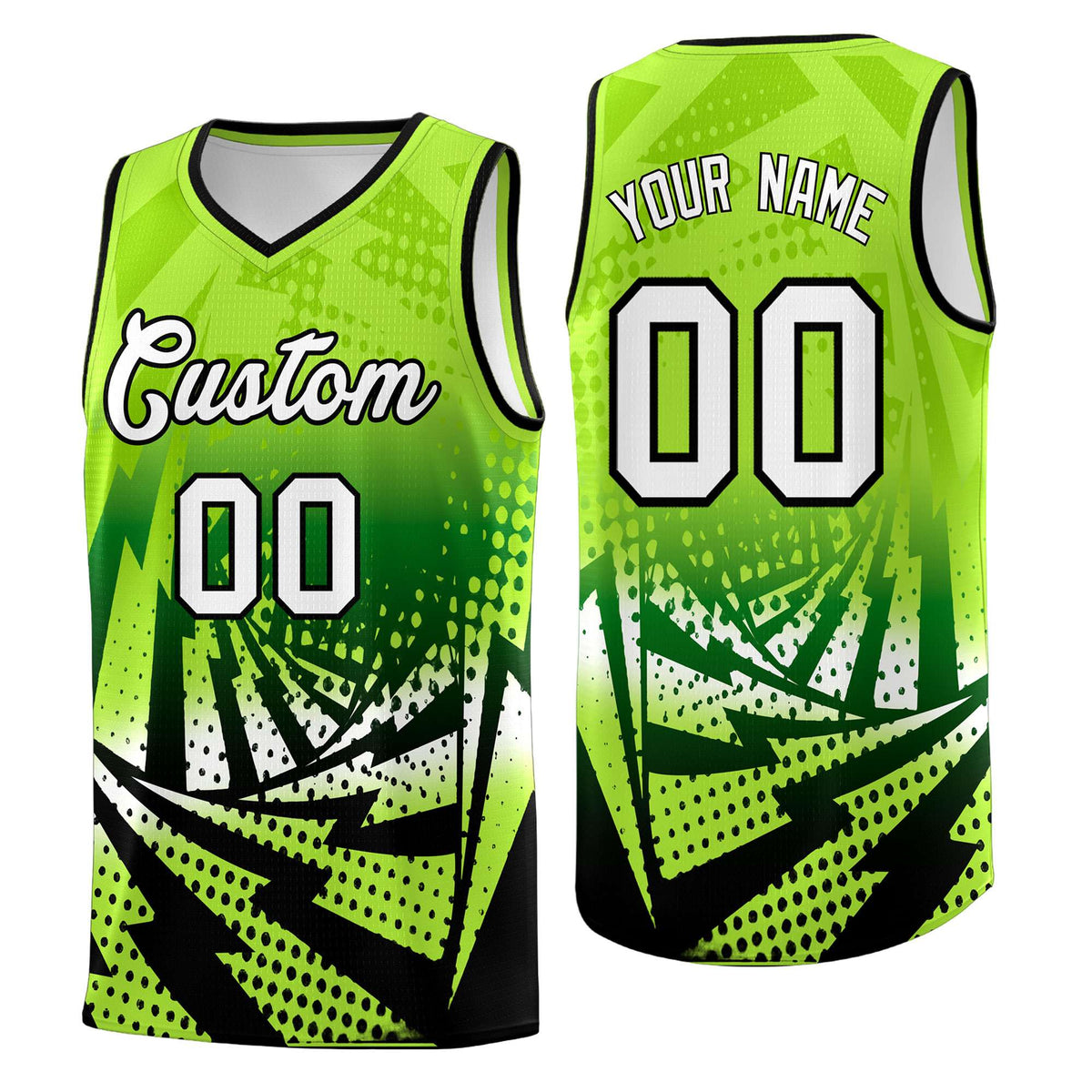 Custom Youth Basketball Jerseys Neon Green Black Lightning Halftone Personalized Team Uniforms