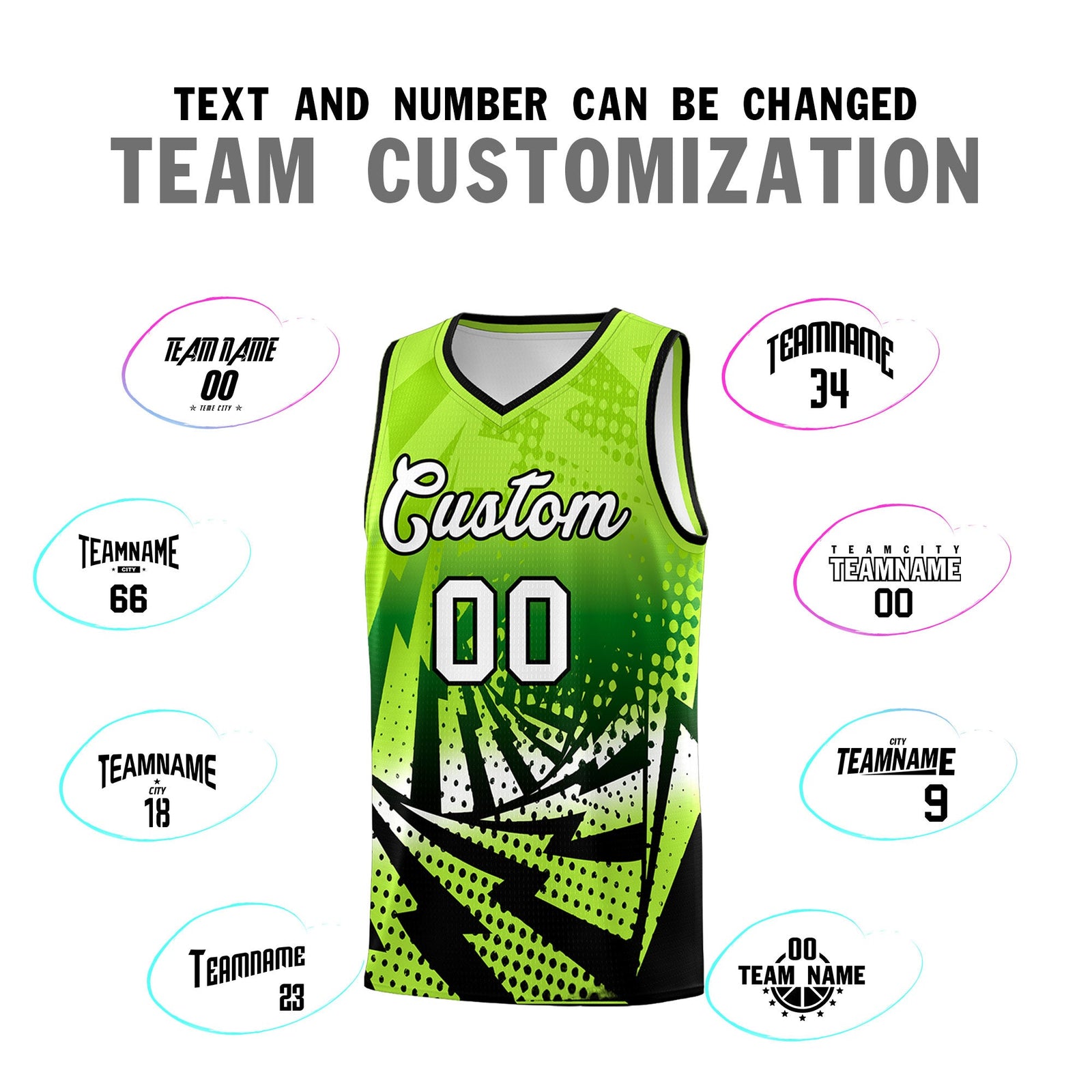 Custom Youth Basketball Jerseys Neon Green Black Lightning Halftone Personalized Team Uniforms