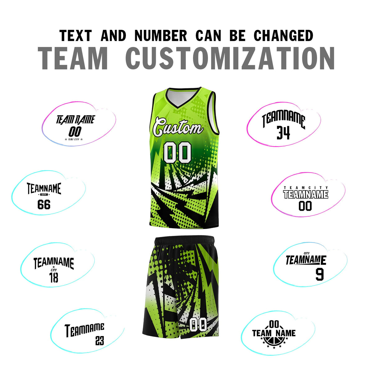 Custom Youth Basketball Jerseys Neon Green Black Lightning Halftone Personalized Team Uniforms