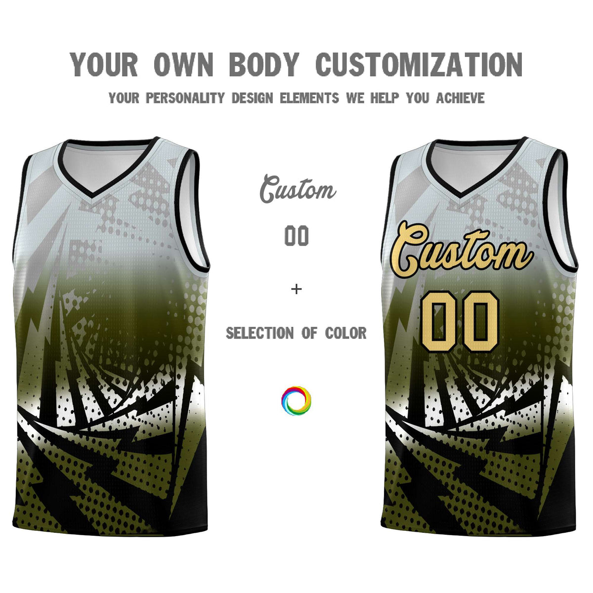 Custom Youth Basketball Jerseys Silver Gray Olive Lightning Design Halftone Personalized Uniforms